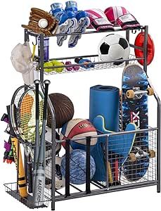 Garage Sports Equipment Storage Organizer with Baskets and Hooks - Easy to Assemble - Sports Ball Gear Rack Holds Basketballs, Baseball Bats, Footballs, Tennis Rackets and More