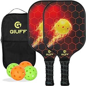 GiuFF Pickleball Paddles Fiberglass Face,Set of 2 Pickleball Paddles with 4 Pickleball Balls and Bag. Fits for All Ages.
