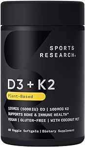 Sports Research Vitamin D3 + K2 with 5000iu of Plant-Based D3 & 100mcg of Vitamin K2 as MK-7 - Non-GMO Verified & Vegan Certified - 60 Softgels
