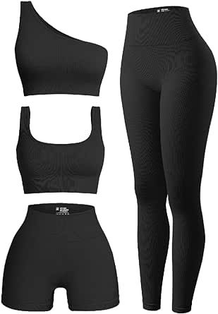 OQQ Women's 4 Piece Outfits Ribbed Exercise Scoop Neck Sports Bra One Shoulder Tops High Waist Shorts Leggings Active Set