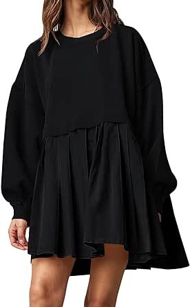 Dokuritu Sweatshirt Dress Women Crew Neck Long Sleeve Patchwork Pullover Tops Flowy Oversized Sweatshirt Mini Dress