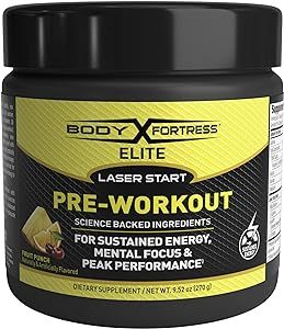 Body Fortress Elite Laser Start Pre-Workout Powder,ZumXR Caffeine for Sustained Energy,Beta-Alanine for Boosted Intensity,Key Electrolytes Promote Hydration,Keto Friendly,Fruit Punch,30 Servings