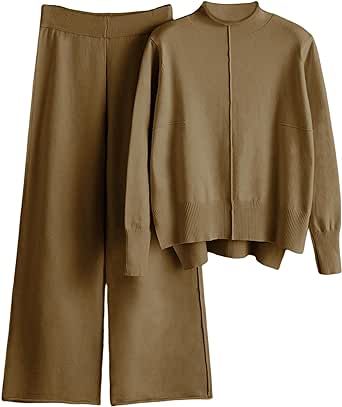 IMCTAH Women's 2 Piece Outfits Sweatsuit Mock Neck Pullover Top Wide Leg Pants Tracksuit Lounge Sets