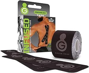 Green Drop Kinesiology Tape, Infused for Muscle Recovery - Therapeutic Sports Tape for Shoulder, Knee, Back - Black, Precut Strips, 20 Count