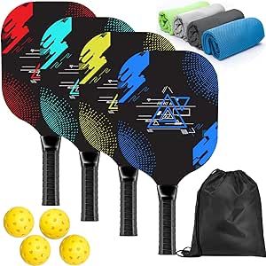AOPOUL Pickleball Paddles, Pickleball Set with 4 Premium Wood Pickleball Paddles, 4 Cooling Towels, 4 Pickleball Balls & Carry Bag, Pickleball Paddle with Cushion Comfort Grip, Gifts for Men Women