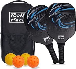 Roll Pace Pickleball Paddles Set of 2 Carbon Fiber Face Lightweight Rackets Balls Pickle Ball Racquets Set with 1 Bag, 4 Balls for Outdoor & Indoor for Men Women