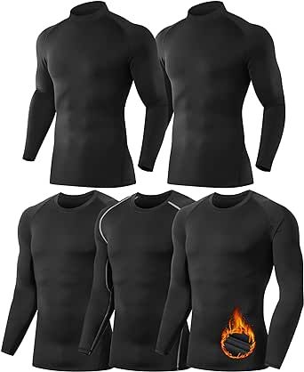 5 or 4 Pack Men's Thermal Compression Shirt Fleece Lined Long Sleeve Athletic Base Layer Cold Weather Gear Workout Top
