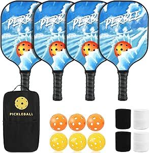 Perbee Pickleball Paddle Set of 4,Includes 4 Pickleball Paddles with Fiberglass Surface, 6 Indoor and Outdoor Pickleballs, and a Versatile Portable Bag, Suitable for Both Male and Female Beginners