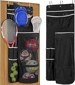 GOBUROS Over The Door Hanging Sports Equipment Organizer, Ball Storage with Metal Hook, Garage Sports Equipment Organizer for Basketball, Football, Volleyball and Tennis Storage