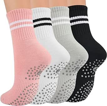 Toes Home Grip Socks for Women, Non Slip Pilates Yoga Crew Socks for Barre Hospital Workout Sticky Slipper Socks 4 Pairs