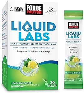 FORCE FACTOR Liquid Labs Electrolytes Powder, Hydration Packets to Make Electrolyte Water with 5 Essential Electrolytes, Vitamins, Minerals, and Antioxidants, Lemon-Lime Flavor, 20 Stick Packs