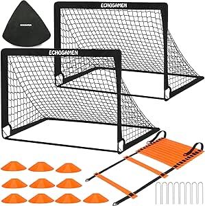 Kids Soccer Goals for Backyard Set, Portable Soccer Training Equipment, Foldable Pop Up Soccer Net with 10 Soccer Cones, Agility Ladder & Carry Bag, 2 of 4' x 3' for 1-15 Years Kid & Youth Ideal Gift