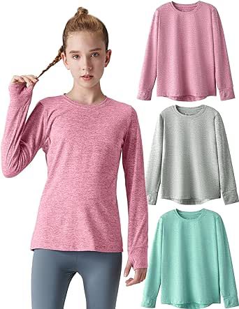 3 Pack: Youth Girls Long Sleeve Shirts Active Dry Fit Athletic Performance Clothes Kids Teens Sports Tees with Thumbholes
